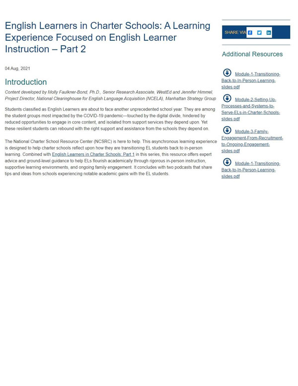 English Learners in Charter Schools: A Learning Experience Focused on English Learner Instruction – Part 1